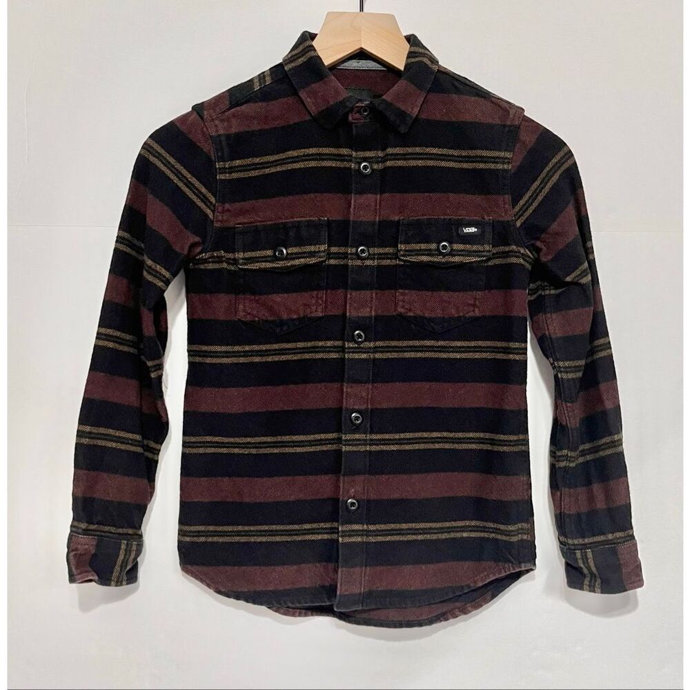 Vans Black, Burgundy And Gold Plaid Flannel Shirt   Boys Size S